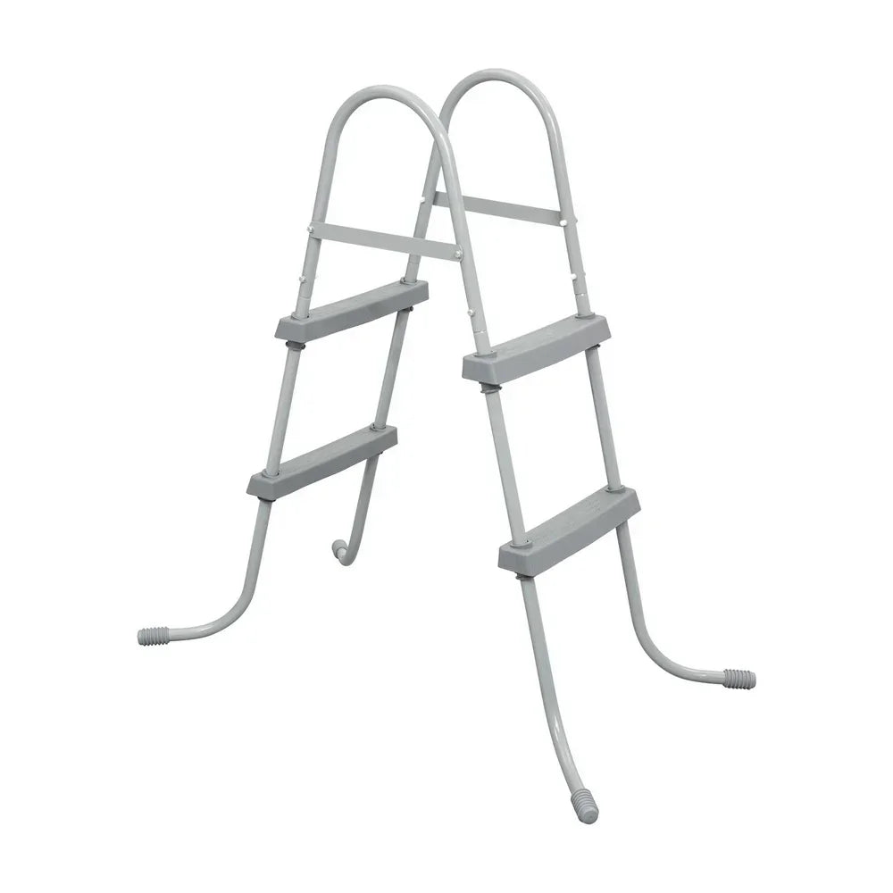 Steel above ground pool ladder with three non-slip steps on white background