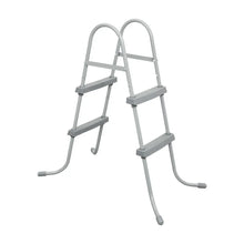 Steel above ground pool ladder with three non-slip steps on white background