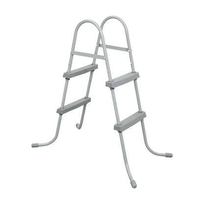 Steel above ground pool ladder with three non-slip steps on white background