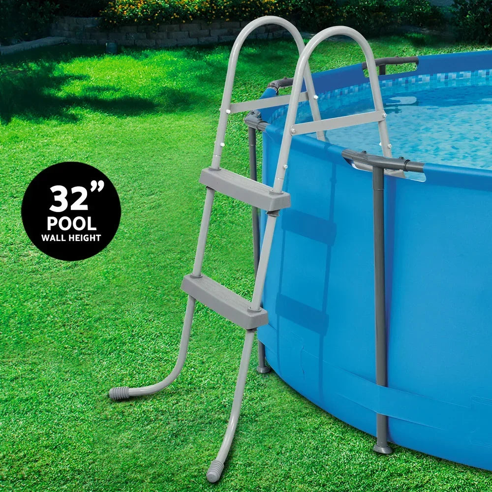Metal pool ladder for 32-inch wall height above ground pool on grass lawn