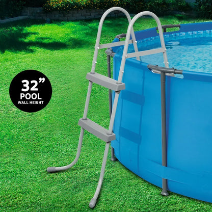 Metal pool ladder for 32-inch wall height above ground pool on grass lawn