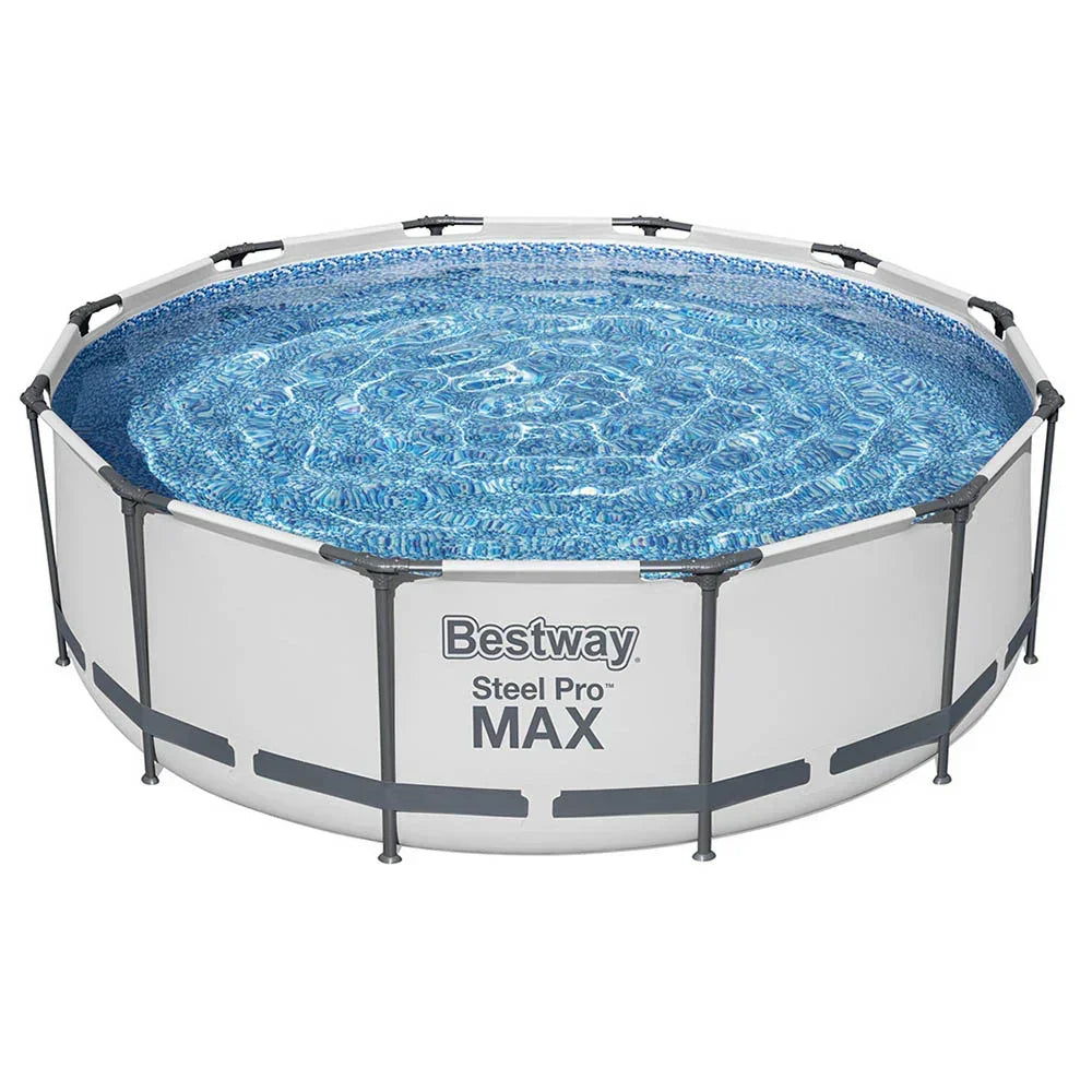 Round above ground steel frame pool with clear blue water, Bestway Steel Pro Max