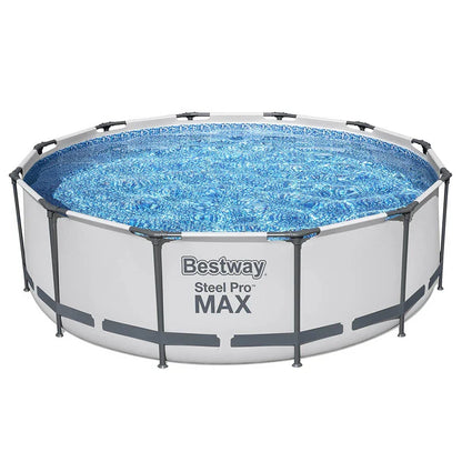 Round above ground steel frame pool with clear blue water and reinforced sidewalls