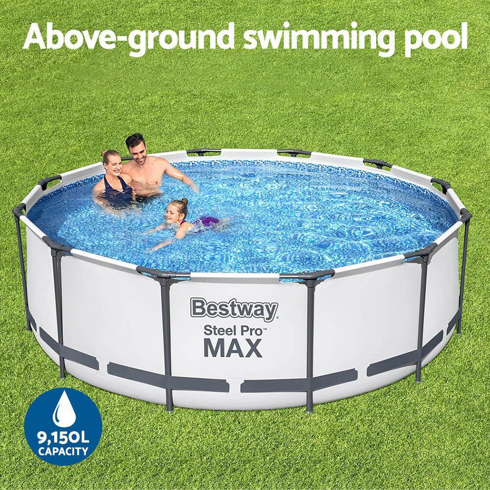 Family swimming in round above-ground Bestway Steel Pro MAX pool on grass, 9150L capacity