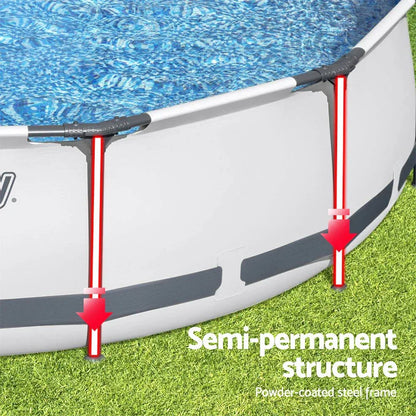 Round above ground pool with powder-coated steel frame on grass, semi-permanent structure