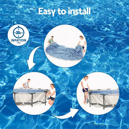 Collage showing easy setup of a round above ground swimming pool with quick inflation instructions.