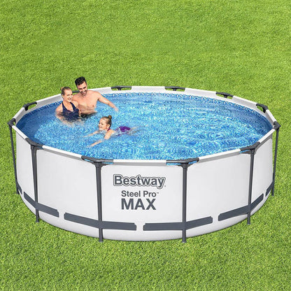 Family enjoying a round above ground steel frame swimming pool on green grass