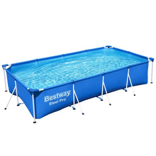 Rectangular above-ground steel frame pool filled with clear water on a white background