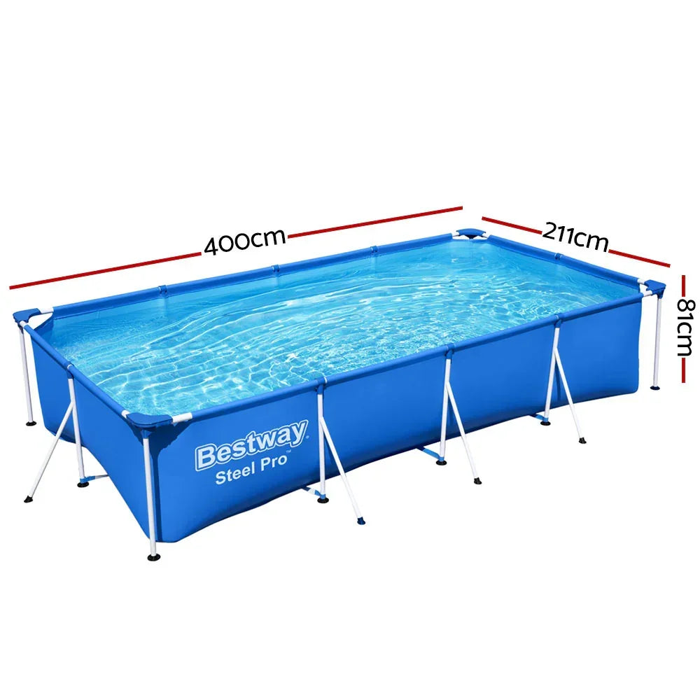 Rectangular steel frame above ground pool, blue, 400cm x 211cm x 81cm, with water