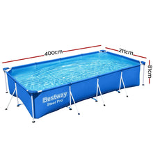 Rectangular steel frame above ground pool, blue, 400cm x 211cm x 81cm, with water
