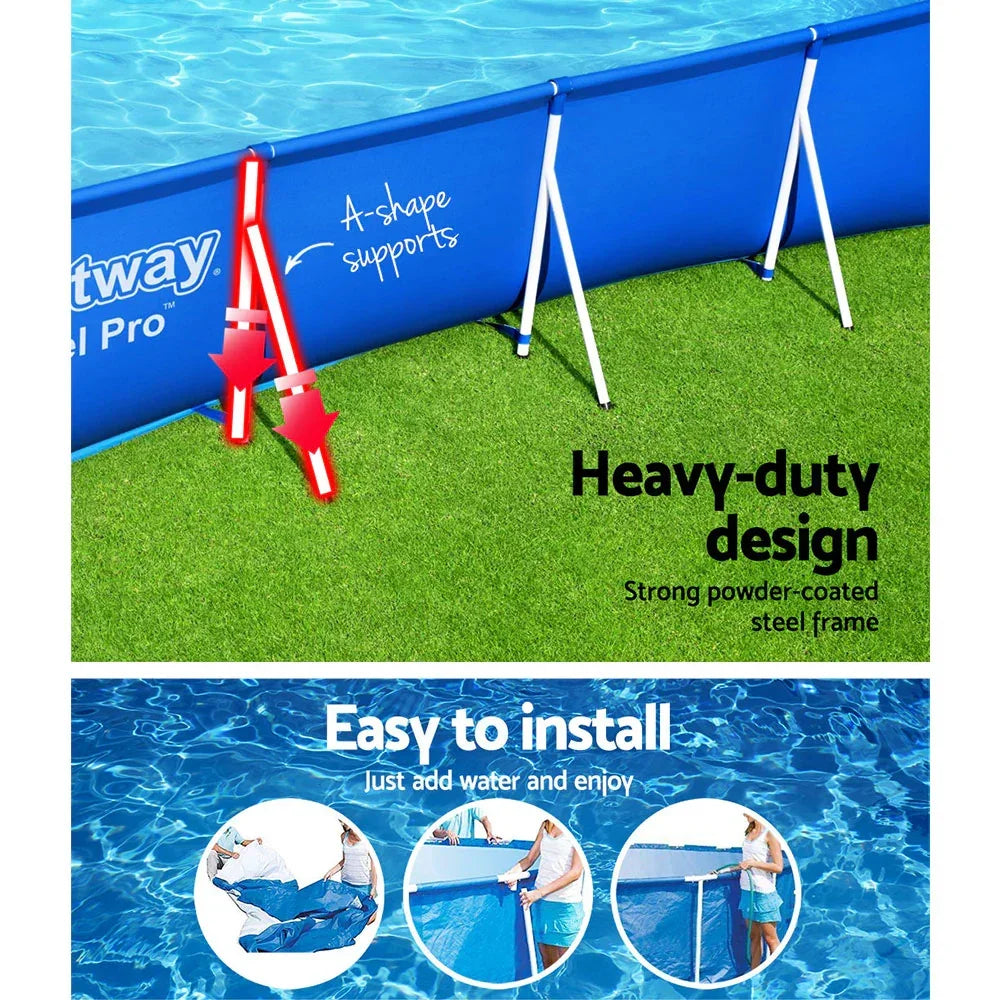 Rectangular above ground pool with strong powder-coated steel frame and easy setup.