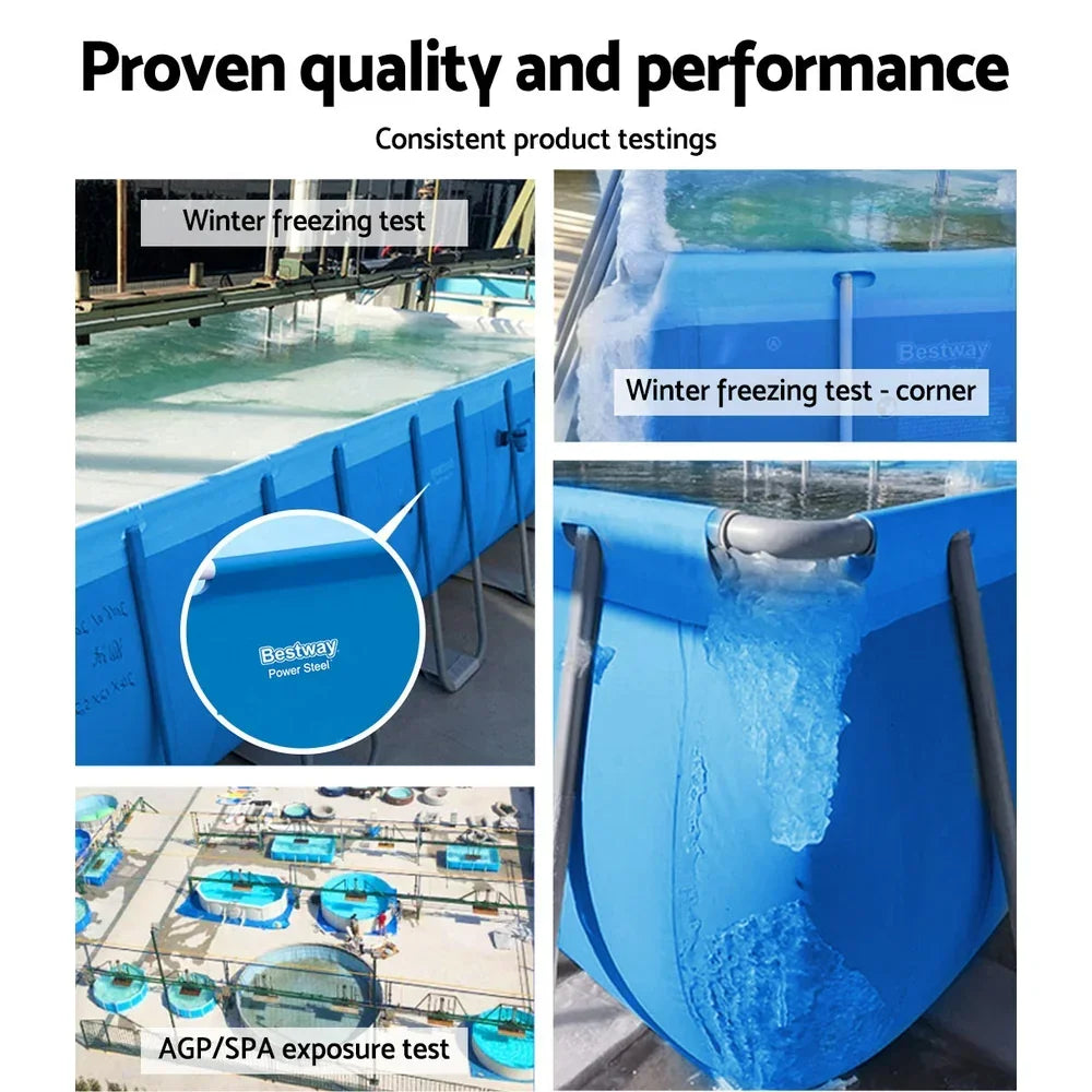 Blue rectangular steel frame pool with winter freezing and durability tests, above ground.