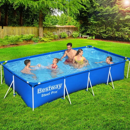 Rectangular above ground steel frame pool with family swimming in backyard garden