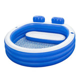 Blue inflatable kiddie pool with built-in seats and backrests, ideal for backyard summer fun