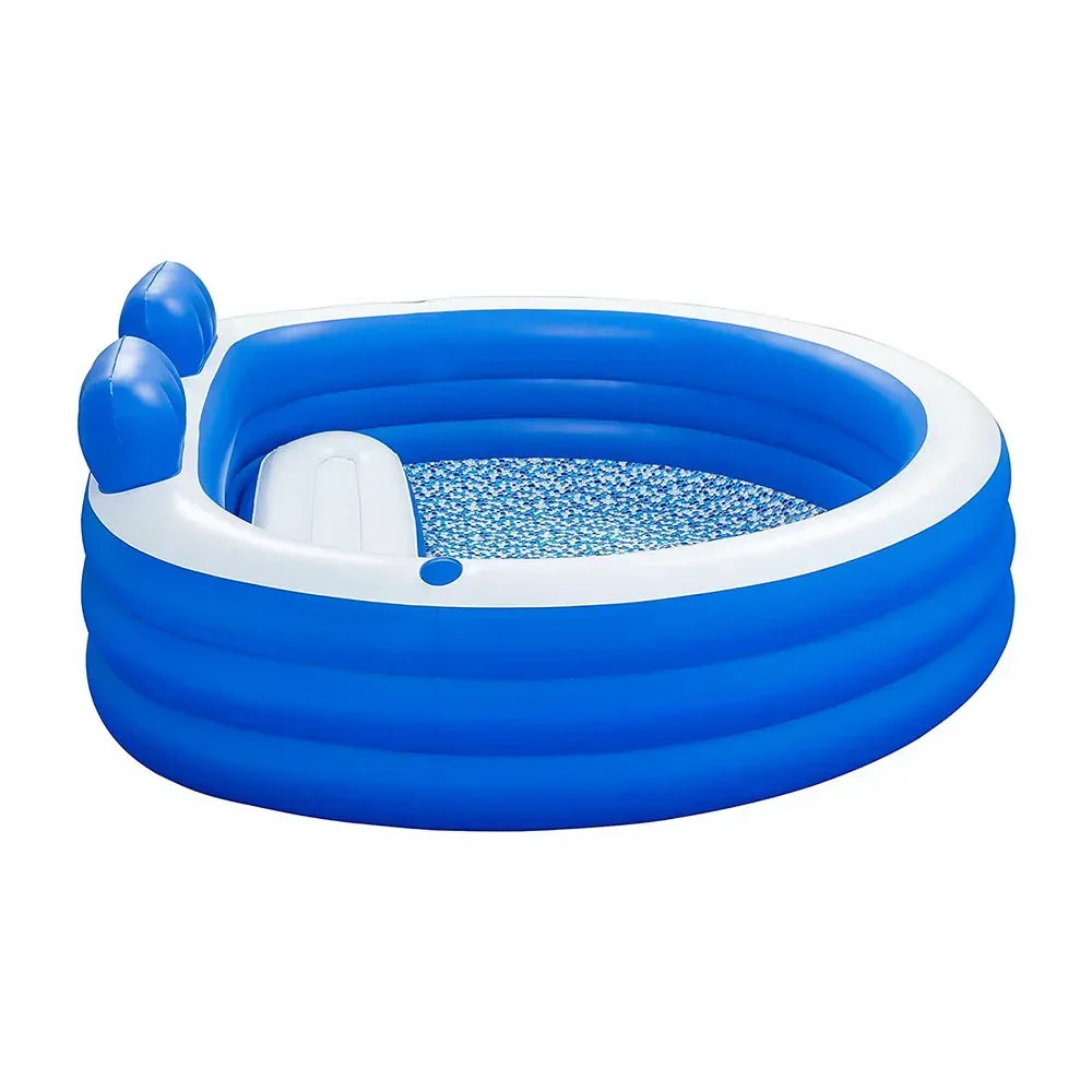 Blue inflatable round pool with cushioned backrests and patterned floor, ideal for kids.