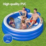 Family enjoying a large blue inflatable pool with drinks, outdoors on green grass.