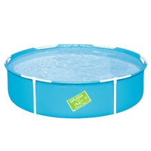 Round blue kids frame pool with clear water and white metal supports on white background