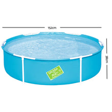 Round blue kids frame pool filled with water, 152cm diameter, 38cm height.