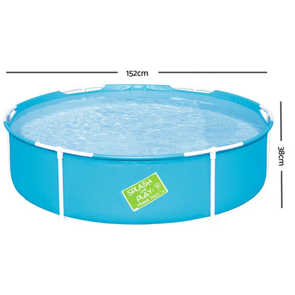 Round blue kids frame pool filled with water, 152cm diameter, 38cm height.