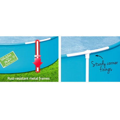 Blue above ground pool showing rust-resistant metal frame and sturdy corner fixings on grass