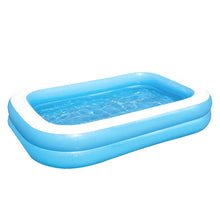 Rectangular blue inflatable swimming pool filled with water on a white background