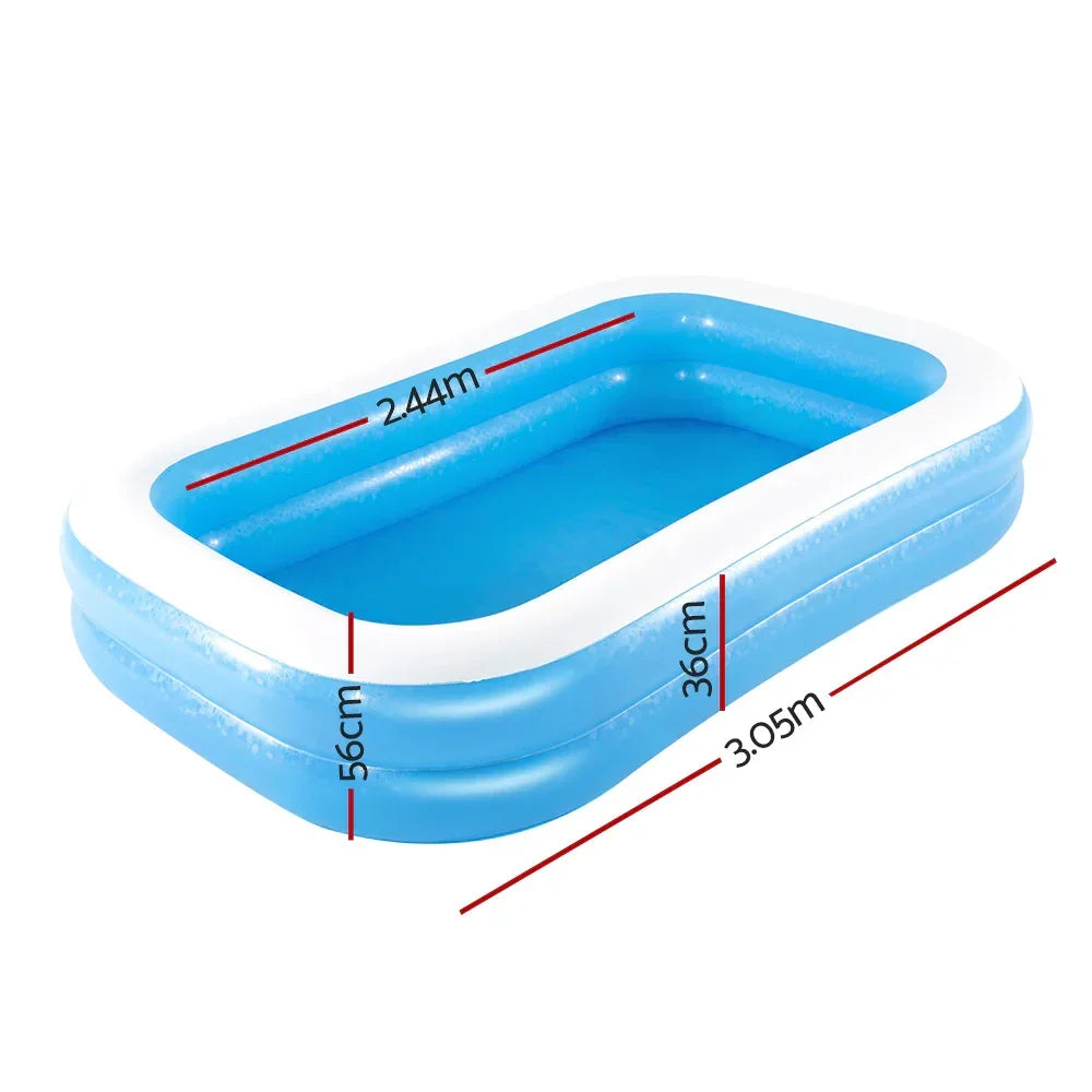 Rectangular blue inflatable pool with white rim, labeled dimensions 3.05m x 2.44m x 56cm.