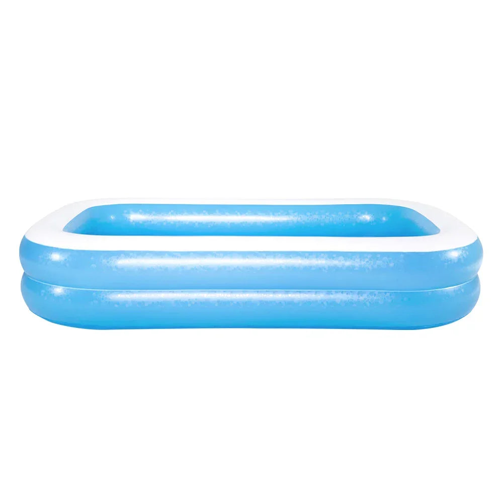 Rectangular blue inflatable pool with white rim on white background