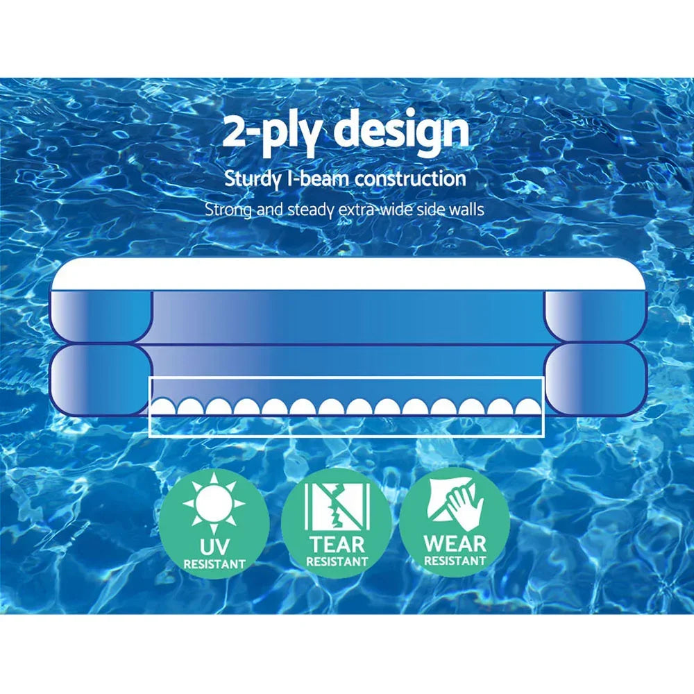 Diagram of blue inflatable pool with 2-ply design, I-beam construction, and icons for UV, tear, and wear resistance on a water background.