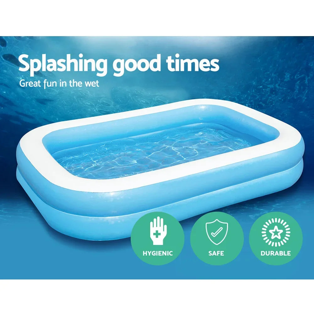 Rectangular blue inflatable pool filled with water, labeled hygienic, safe, and durable.