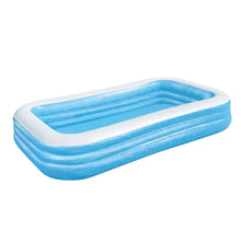 Rectangular blue inflatable pool with white trim, three ring design, empty background