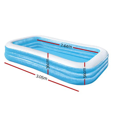 Rectangular inflatable pool, blue and white, with dimensions 3.05m x 1.83m x 56cm.