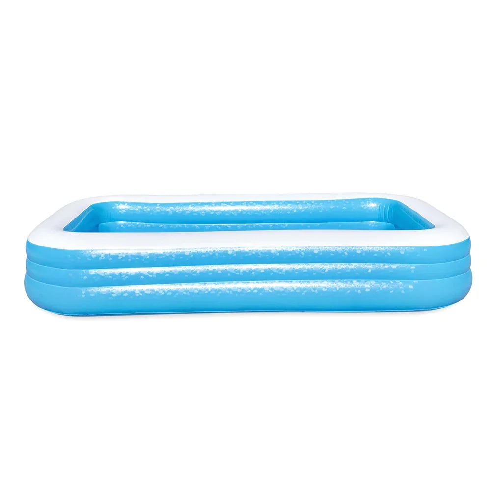 Rectangular blue inflatable pool with white trim, suitable for kids' outdoor water play