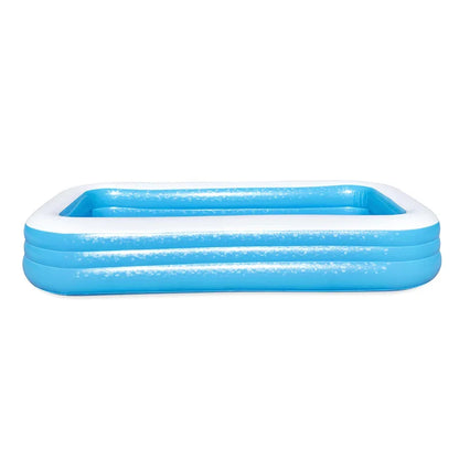 Rectangular blue inflatable pool with white trim, suitable for kids' outdoor water play