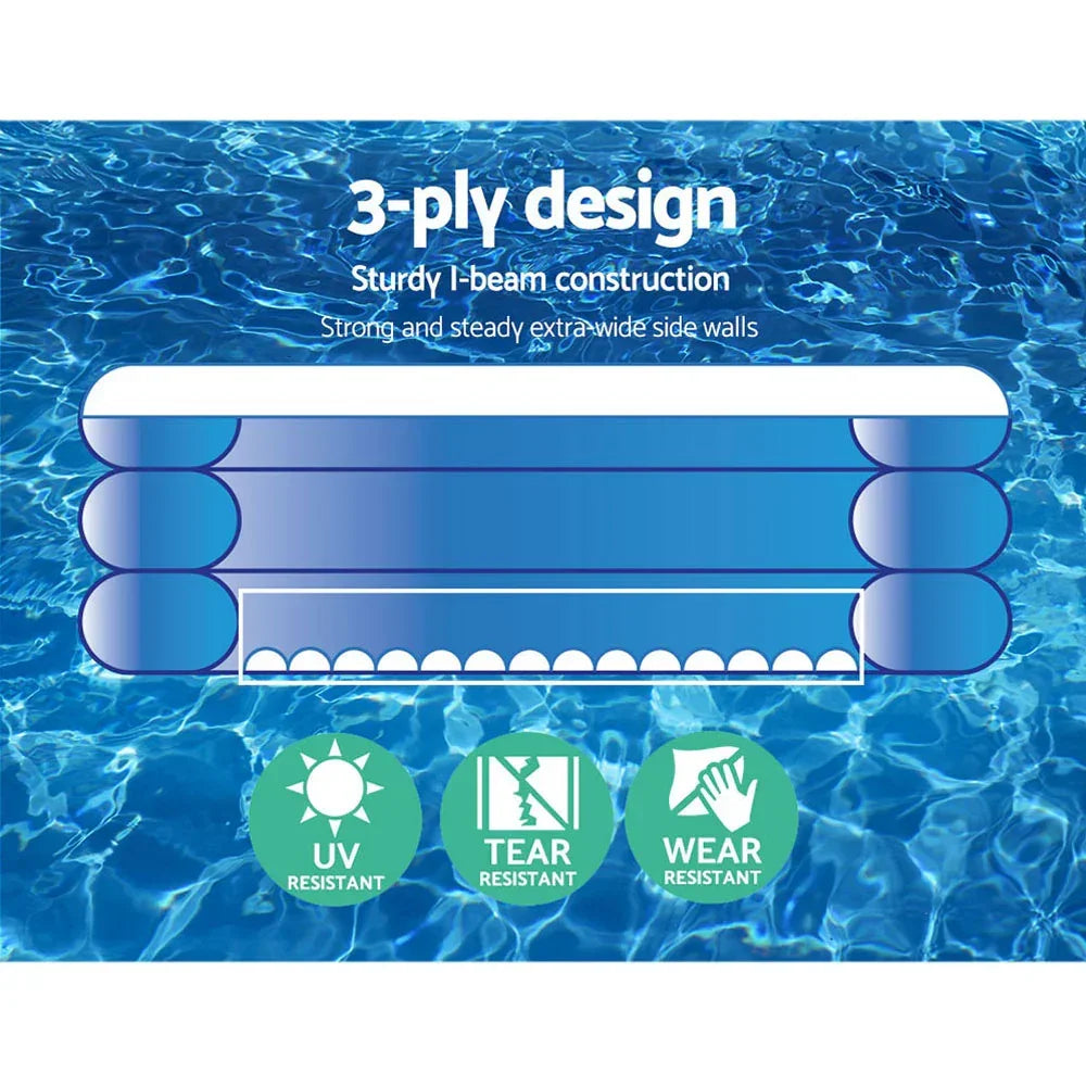 3-ply inflatable pool construction diagram with UV, tear, and wear resistant icons