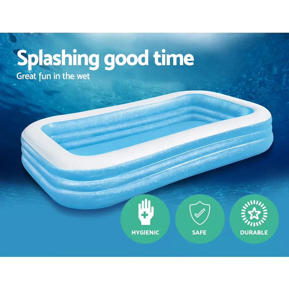 Rectangular inflatable blue and white kids pool with hygienic, safe, durable features.
