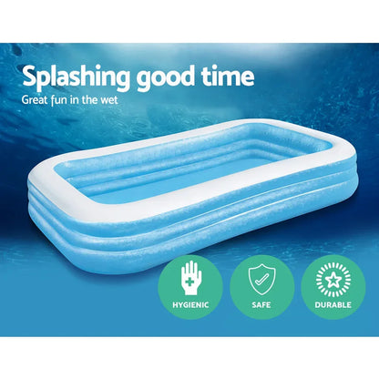 Rectangular inflatable blue and white kids pool with hygienic, safe, durable features.