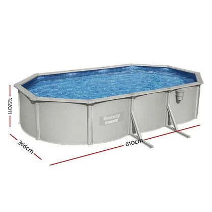 Large oval above ground pool with steel frame, blue water, and visible dimensions 610x366x122cm