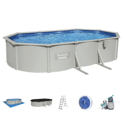 Oval above ground pool with metal frame and pool accessories, outdoor swimming pool set