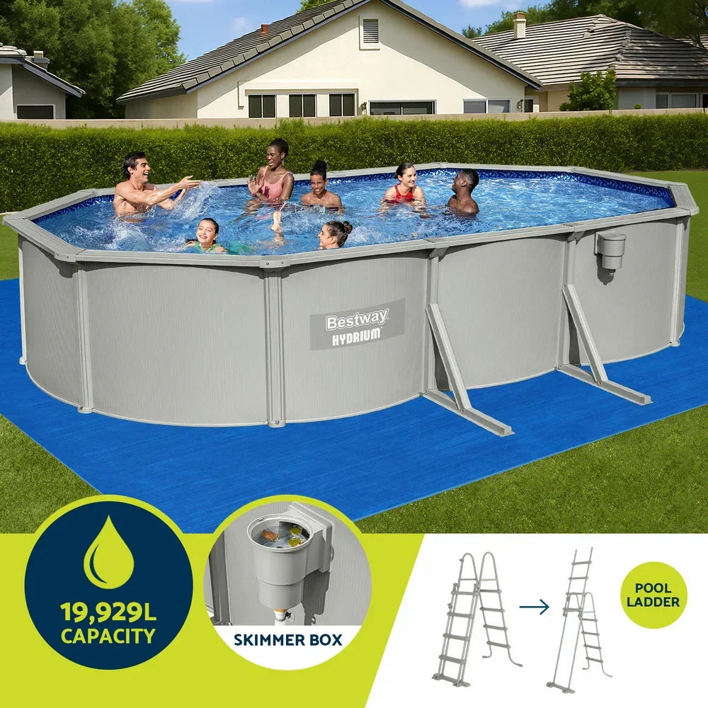 Large above ground oval swimming pool with people inside, steel frame, pool ladder, skimmer box.