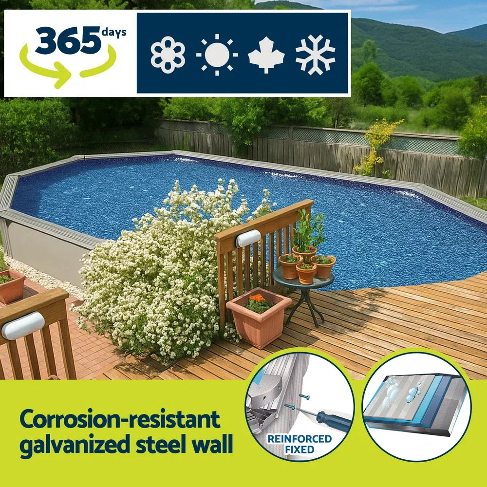 Outdoor above-ground pool with galvanized steel wall, wooden deck, and seasonal use icons.