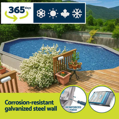 Outdoor above-ground pool with galvanized steel wall, wooden deck, and seasonal use icons.