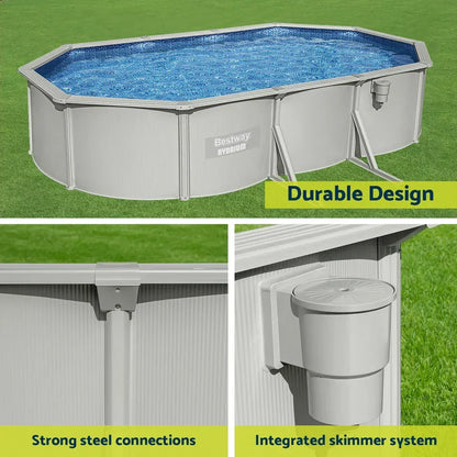 Oval above ground steel frame pool with integrated skimmer system on green lawn.