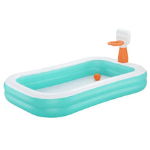 Rectangular inflatable kids pool with basketball hoop and ball, aqua and white design