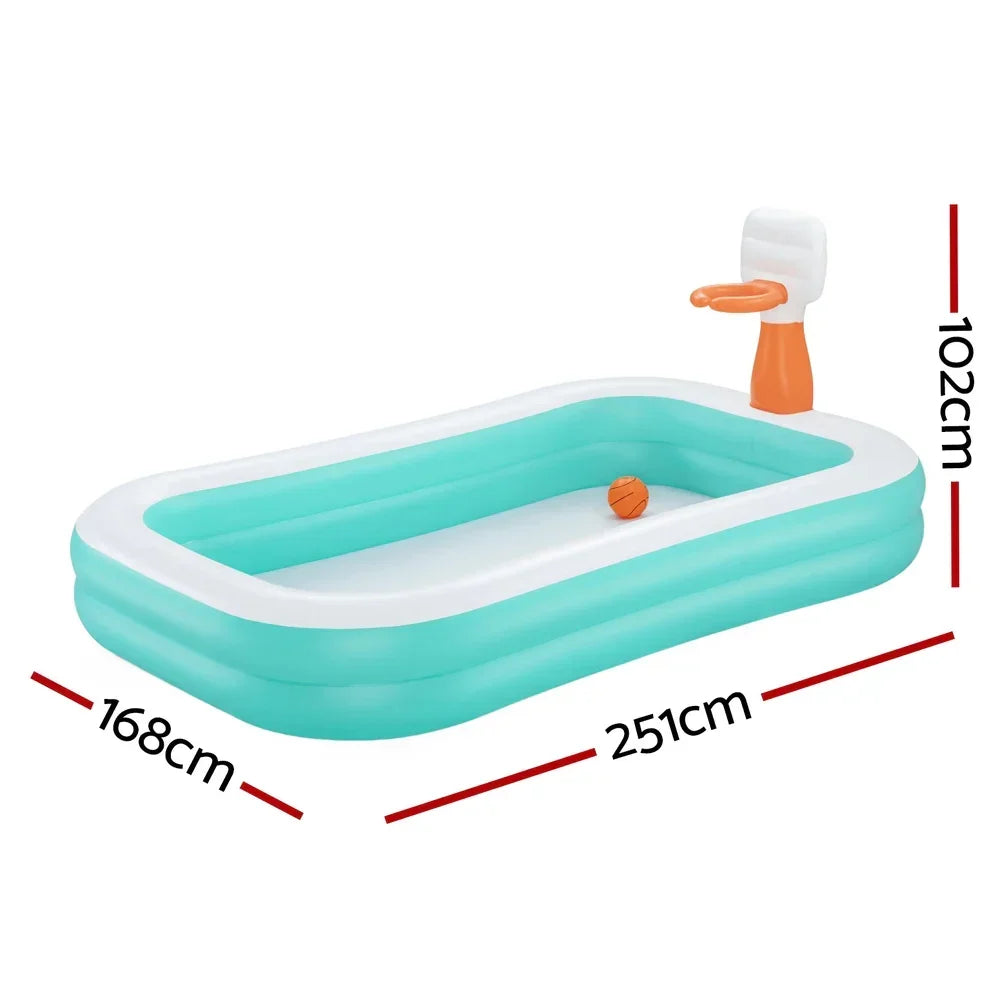 Inflatable rectangular kids pool with built-in basketball hoop, ball, and size dimensions displayed