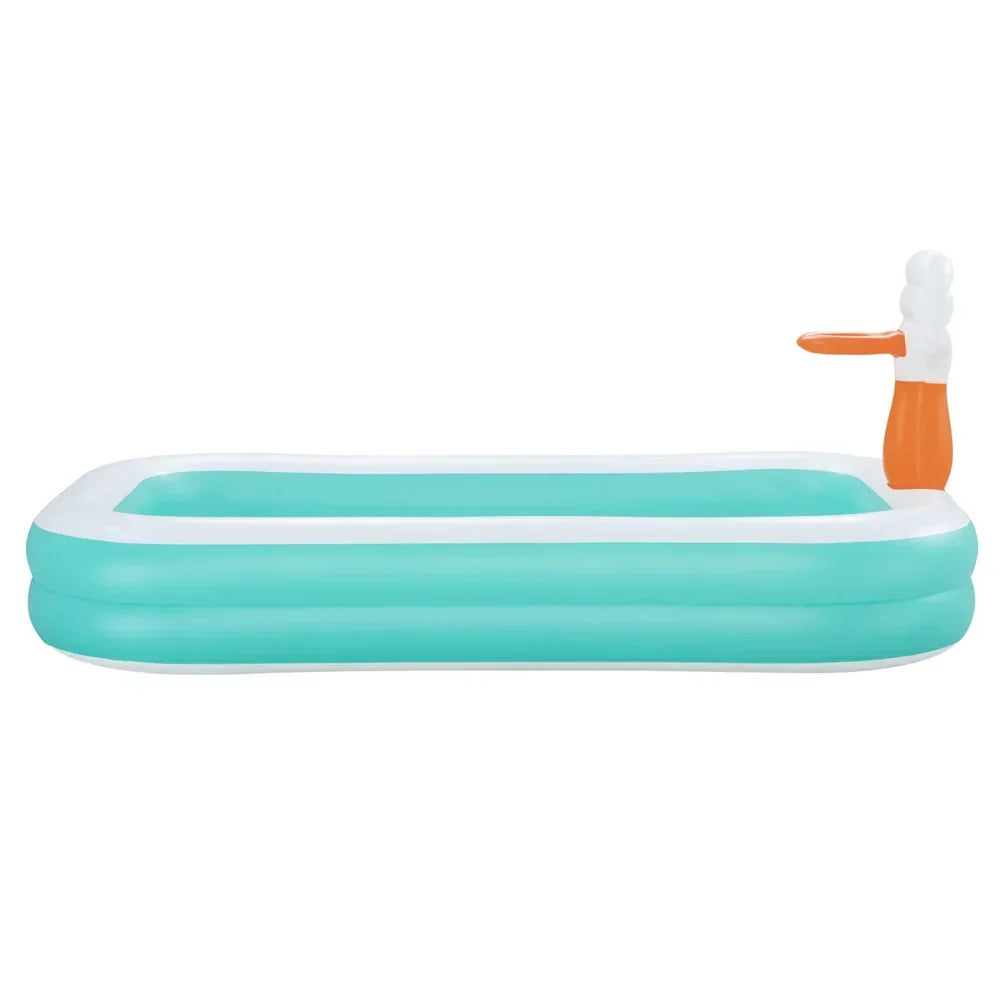 Large rectangular inflatable pool with aqua blue sides and an orange detachable spray feature
