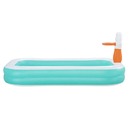Large rectangular inflatable pool with aqua blue sides and an orange detachable spray feature