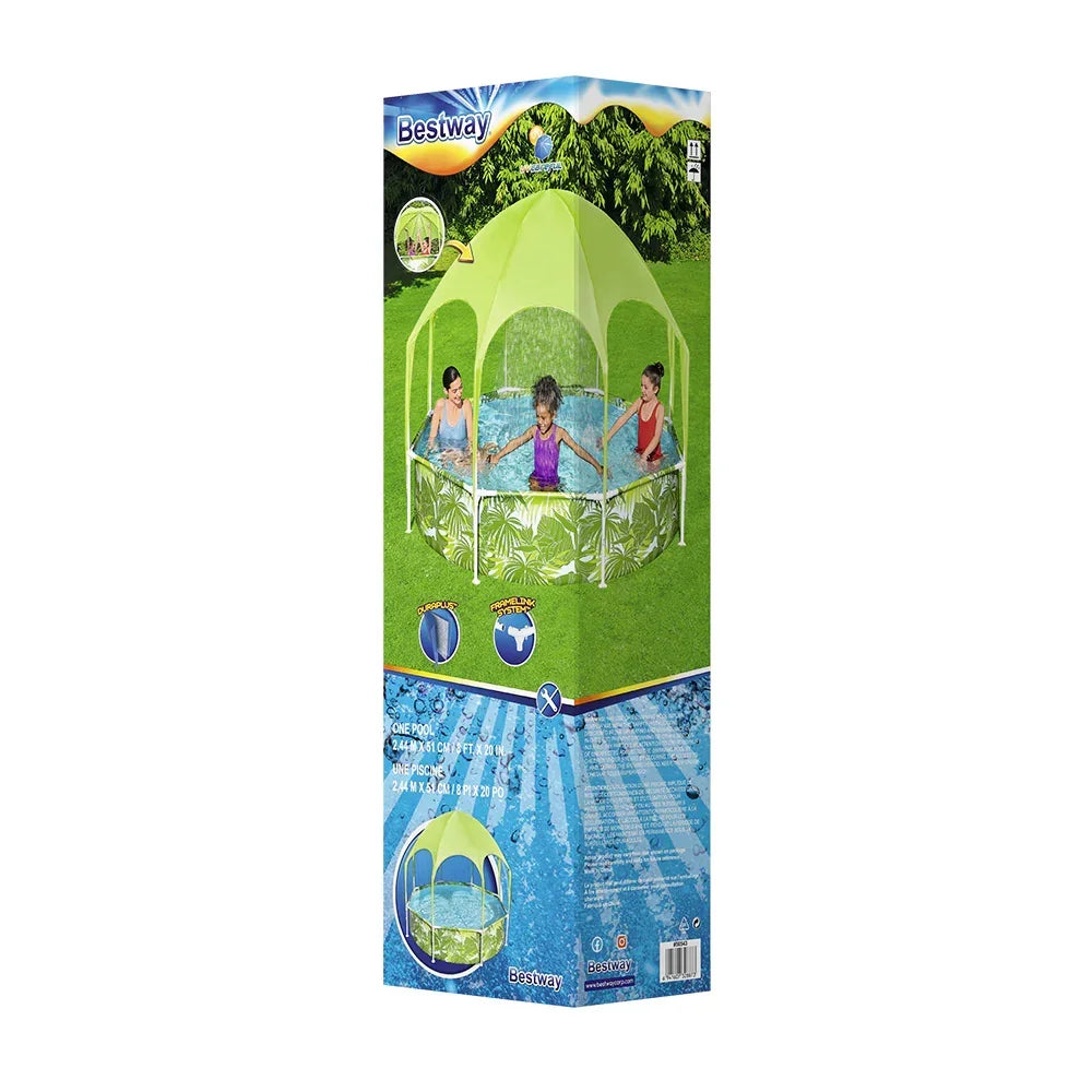 Children's outdoor canopy pool box with palm leaf print and green lawn background