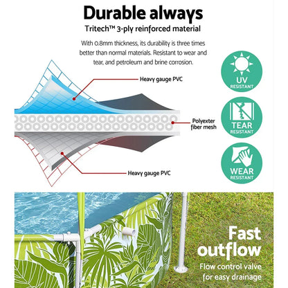 3-ply reinforced pool wall diagram, highlighting UV, tear, and wear resistance with a flow control valve.