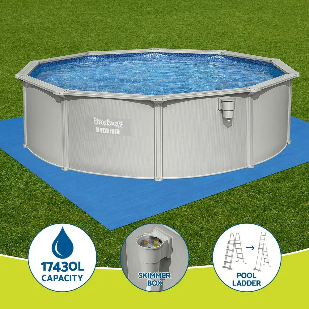 Round above ground steel pool with blue liner, skimmer box, pool ladder, 17430L capacity