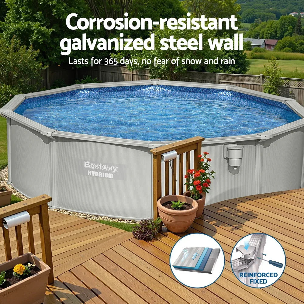 Above-ground pool with galvanized steel wall, next to a wooden deck and garden plants